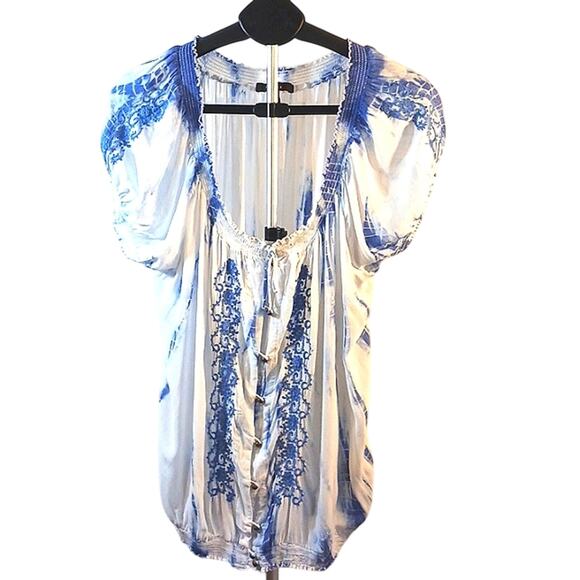 Embroidered Tie Dye Top Sz XL Puff Cap Sleeve WHITE Blue Bohemian Coastal Summer - Picture 1 of 10
